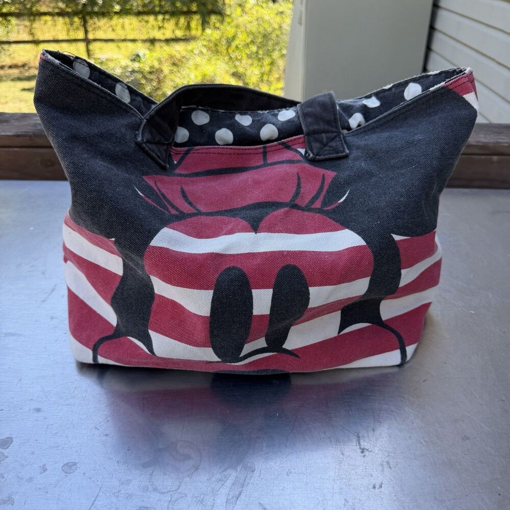 Disney Minnie Mouse Tote Bag Red Black White Polka Dot Canvas Shoulder Purse
